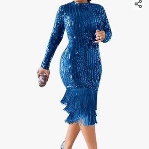 Coloiura Elegant Sequin Tassel Bodycon Midi Dress Blue Size Med